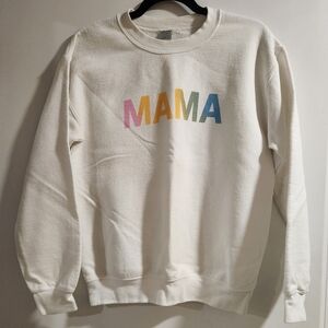 White Crewneck Sweatshirt with Rainbow 'MAMA' Print